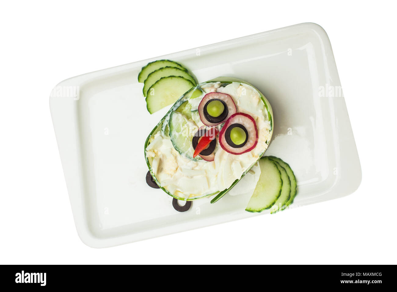 Funny meal. Creative Owl salad with vegetable isolated on white background. Children dishes