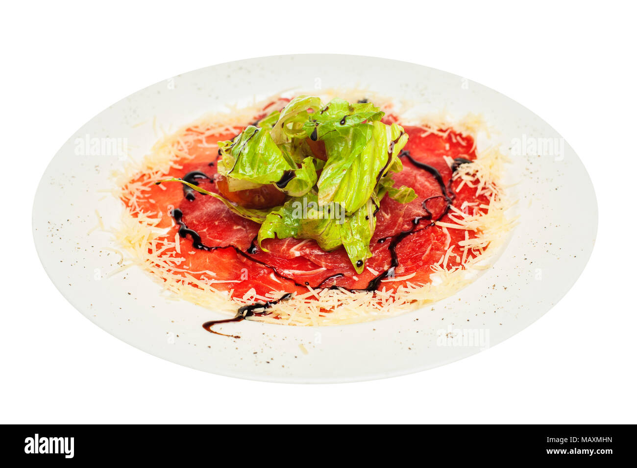 Carpaccio with parmesan on plate isolated on white background. Gourmet restaurant food Stock Photo
