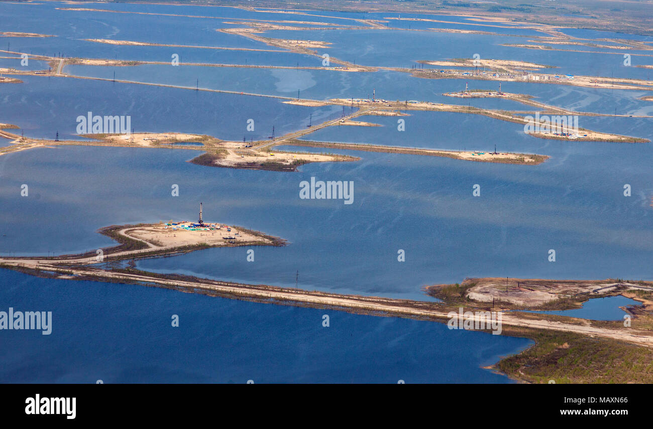 Oil field on the Samotlor lake in Russia, top view Stock Photo