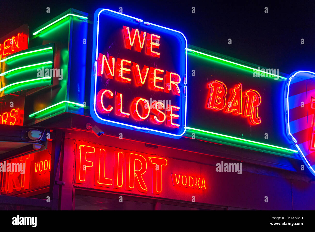 Neon lights of bars and nightclubs in Sunny Beach, Bulgaria Stock Photo