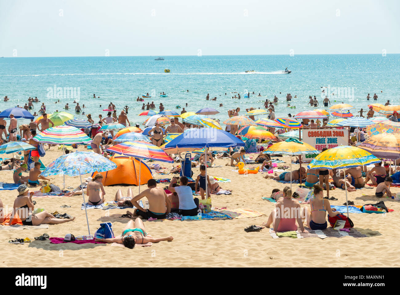 Crowded beach at the Sunny Beach resort, Bulgaria Stock Photo