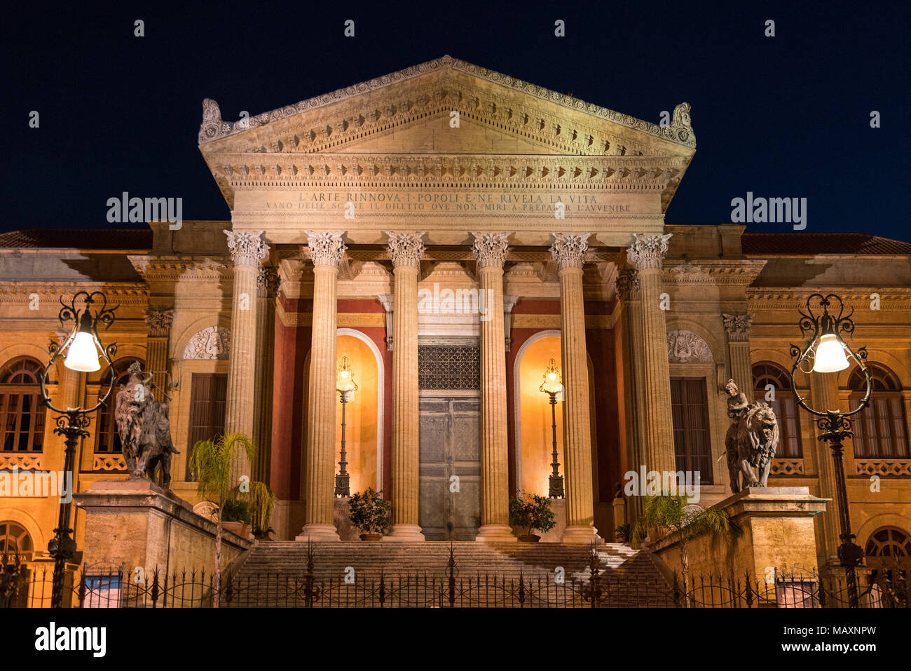 The Teatro Massimo Opera house in Piazza Verdi, Palermo, Sicily taken at night. One of the filming locations for a scene in the Godfather film. Stock Photo