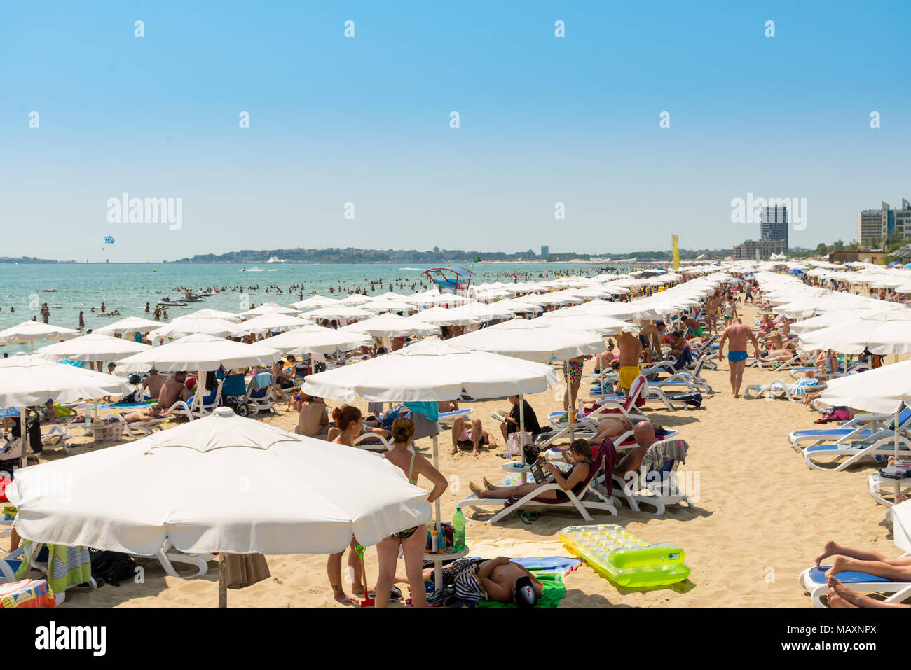 Parasols on Sunny Beach, Bulgaria Stock Photo