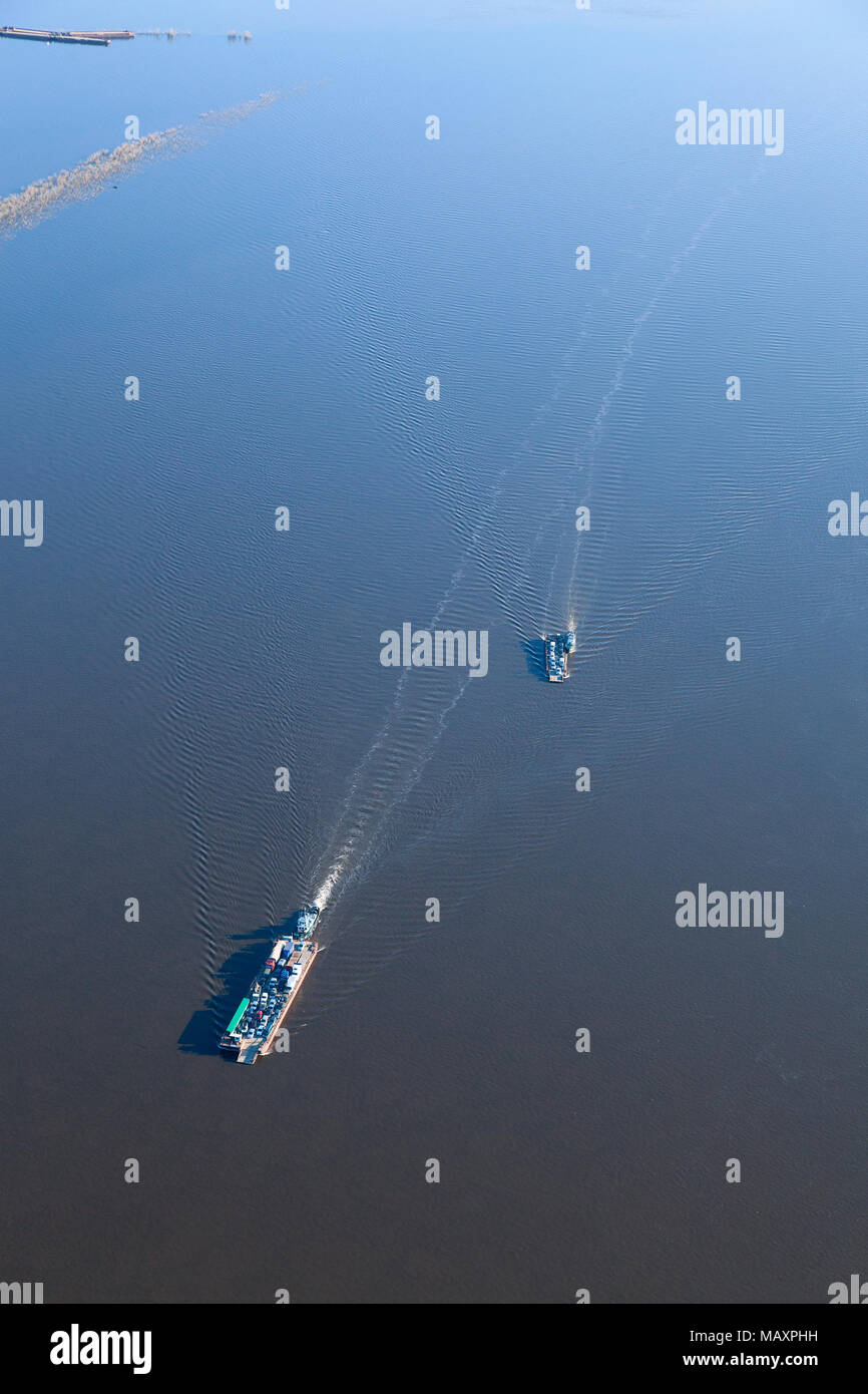 Ferry with vehicles on big river, top view Stock Photo