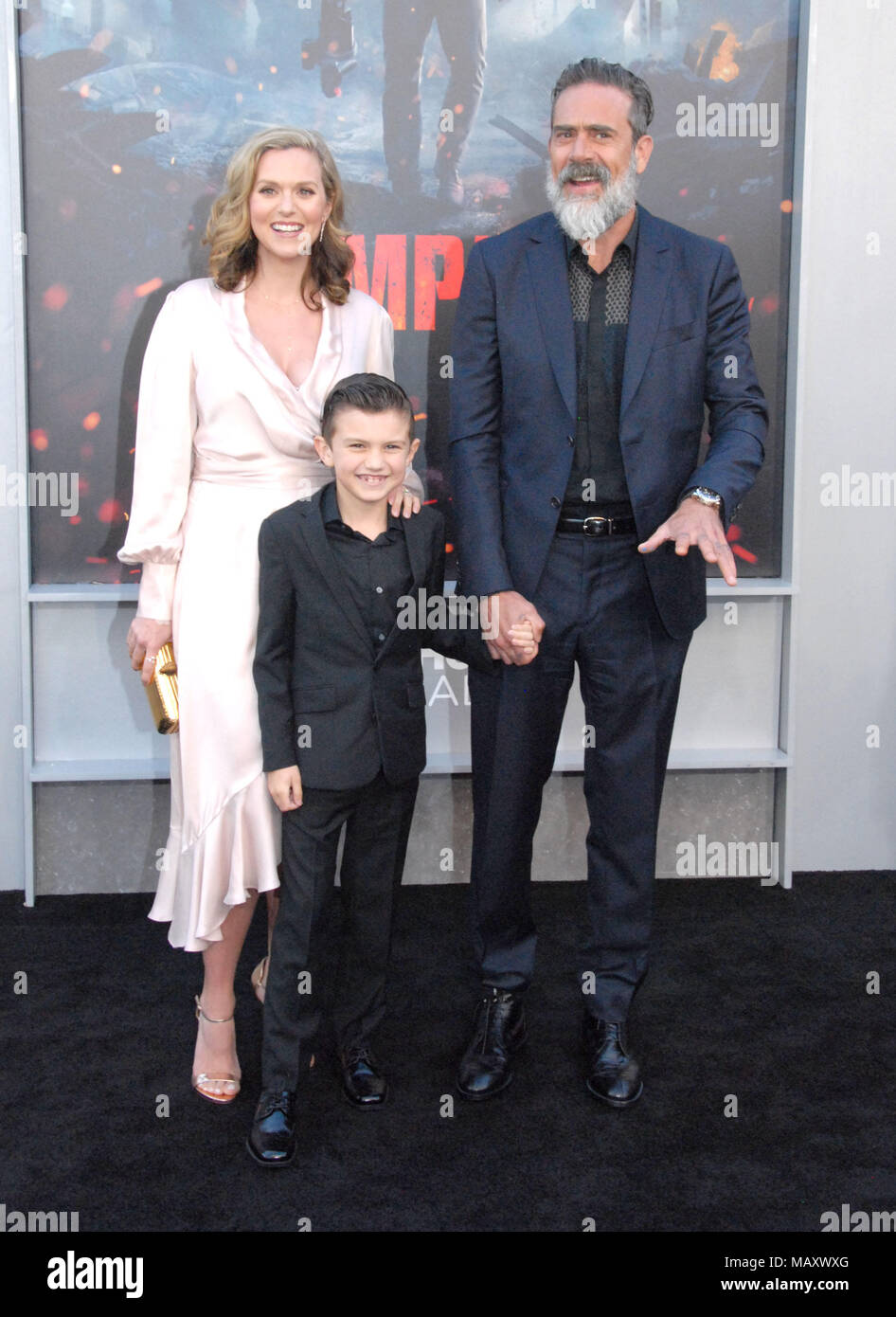 LOS ANGELES, CA - APRIL 04: (L-R) Actress Hilarie Burton, Augustus Morgan  and actor Jeffrey Dean Morgan attend the premiere of Warner Bros. Pictures'  'Rampage' at Microsoft Theater on April 4, 2018
