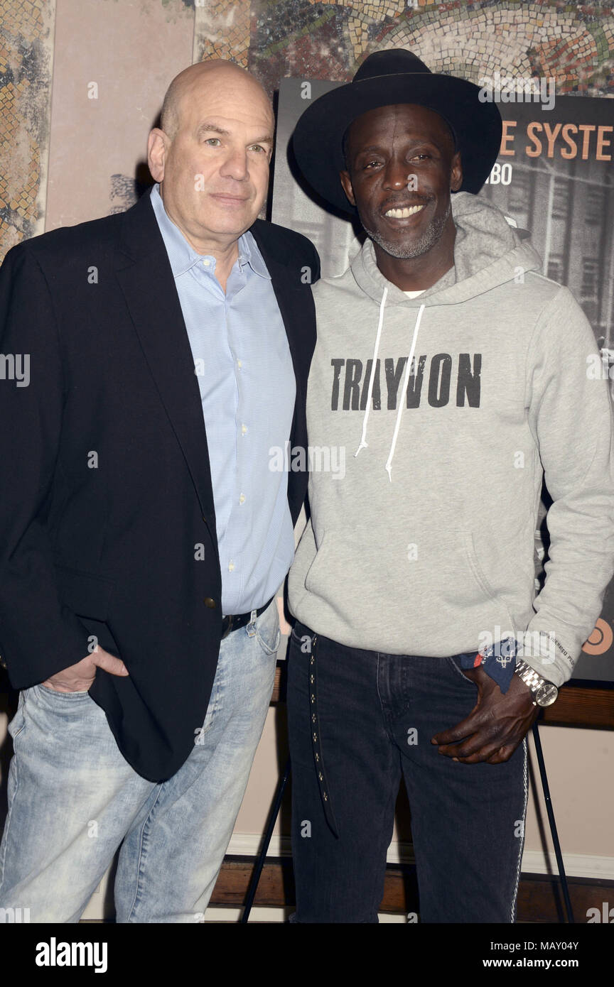 New York City. 3rd Apr, 2018. David Simon and Michael Kenneth Williams attend the 'Vice' Season 6 series premiere at the Whitby Hotel on April 3, 2018 in New York City. | Verwendung weltweit Credit: dpa/Alamy Live News Stock Photo