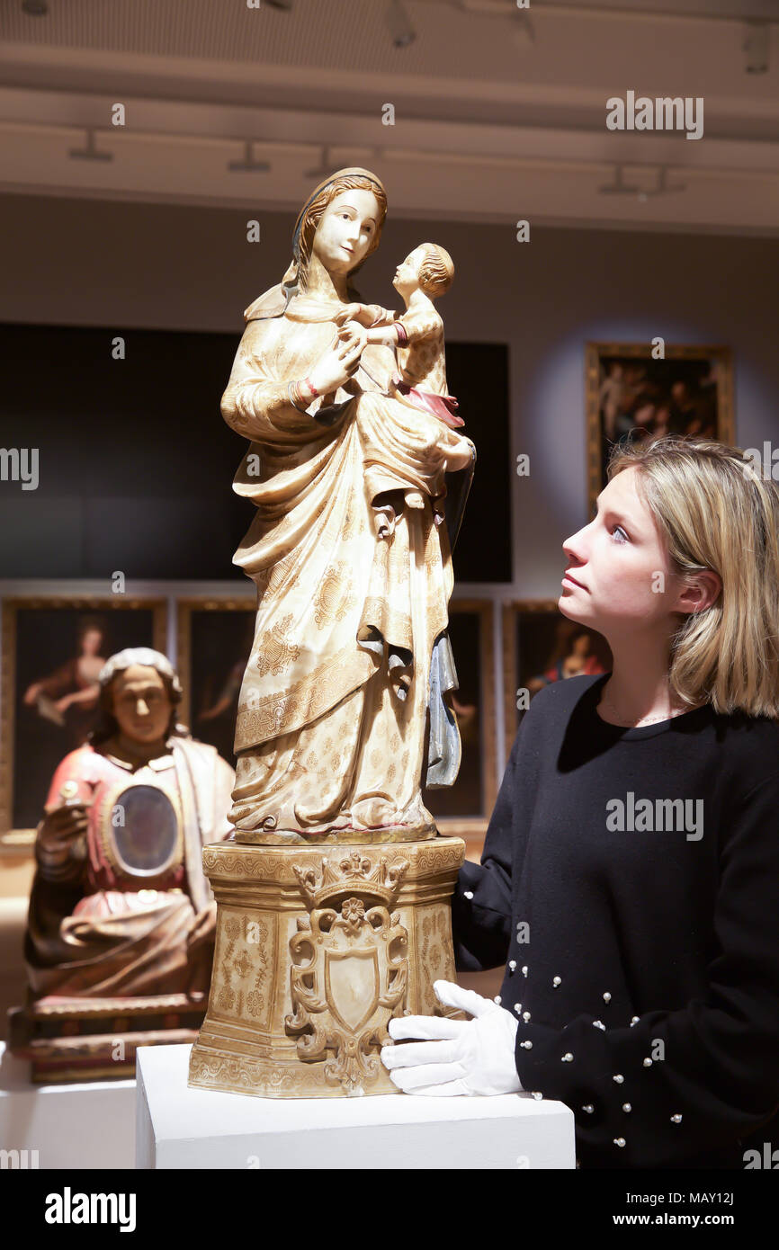 London,UK,5th April 2018,A Photocall took place at Bonhams of a private art collection from Spanish Master Sculptor Antón Casamor. Highlights include: A SICILIAN 15TH CENTURY POLYCHROME AND GILT ALABASTER FIGURE OF THE 'TRAPANI MADONNA' Estimated at £ 15,000 - 25,000. The sale takes place on the 11th April 2018 Credit: Keith Larby/Alamy Live News Credit: Keith Larby/Alamy Live News Stock Photo
