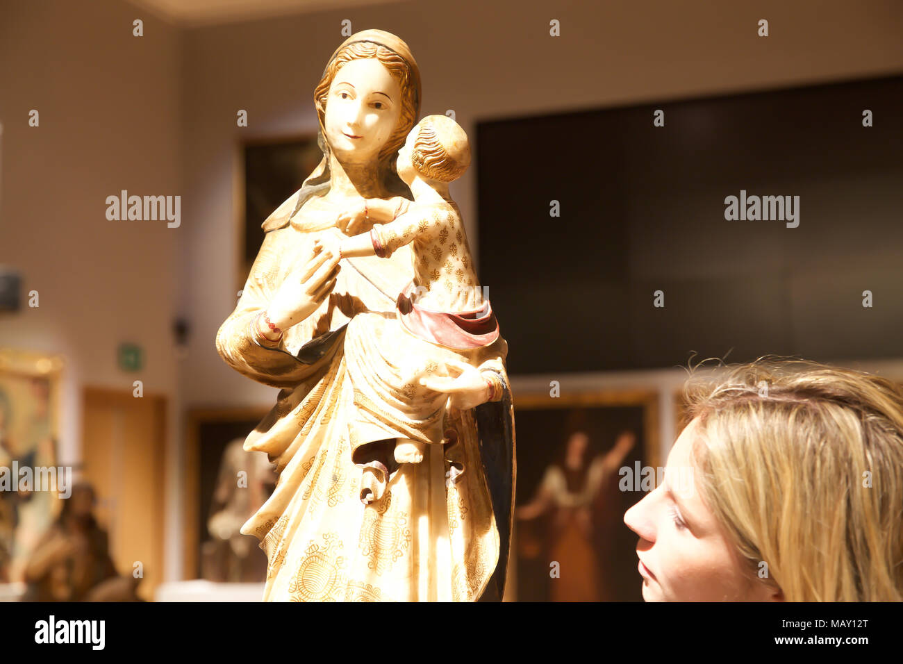 London,UK,5th April 2018,A Photocall took place at Bonhams of a private art collection from Spanish Master Sculptor Antón Casamor. Highlights include: A SICILIAN 15TH CENTURY POLYCHROME AND GILT ALABASTER FIGURE OF THE 'TRAPANI MADONNA' Estimated at £ 15,000 - 25,000. The sale takes place on the 11th April 2018 Credit: Keith Larby/Alamy Live News Credit: Keith Larby/Alamy Live News Stock Photo