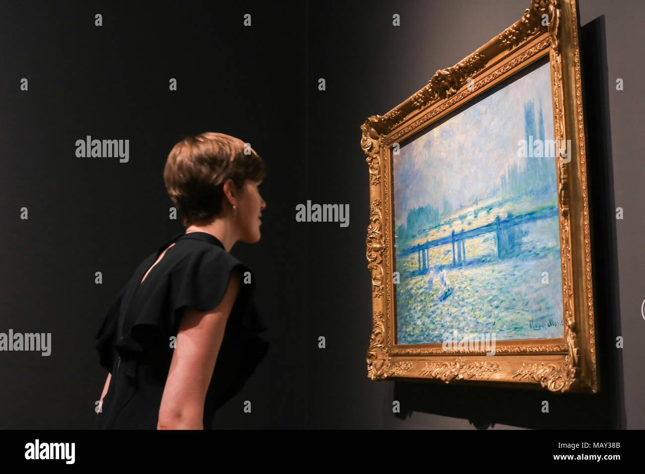 London UK. 5th April 2018. Parliament at Sunset 1904. The First Monet exhibition in 20 years is staged at the National Gallery  featuring works by French Impressionist  Claude Monet spanning his long carreer with paintings from Venice , London, Rouen,The Monuments and Mysterious  II, The City and Modern and Village and Picturesque Credit: amer ghazzal/Alamy Live News Stock Photo