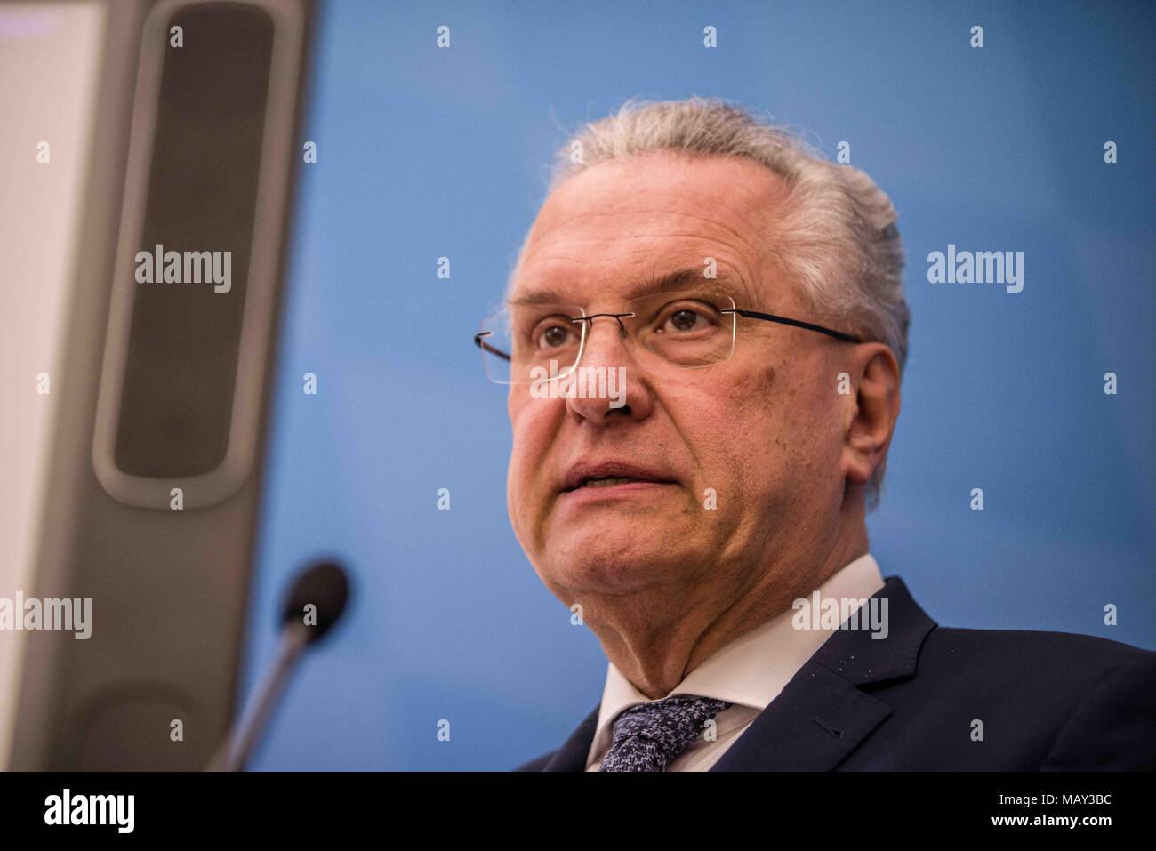 Munich, Bavaria, Germany. 5th Apr, 2018. Joachim Herrmann, Interior Minister of Bavaria. The 2017-2018 edition of the Bavarian Verfassungsschutzbericht (Office for the Protection of the Constitution, Secret Service) report was released detailing threats to the state of Bavaria, including right- and left-extremism, Islamists, as well as Cyber Warfare and Espionage. The report introduced by Bavarian Innenminister Joachim Herrmann (CSU) and Dr. Burkhard KÃ¶rner, as well as .In recent years, Bavaria has seen a sharp rise in what is known as PMK-Rechts (politically motivated crimes- right wing) Stock Photo