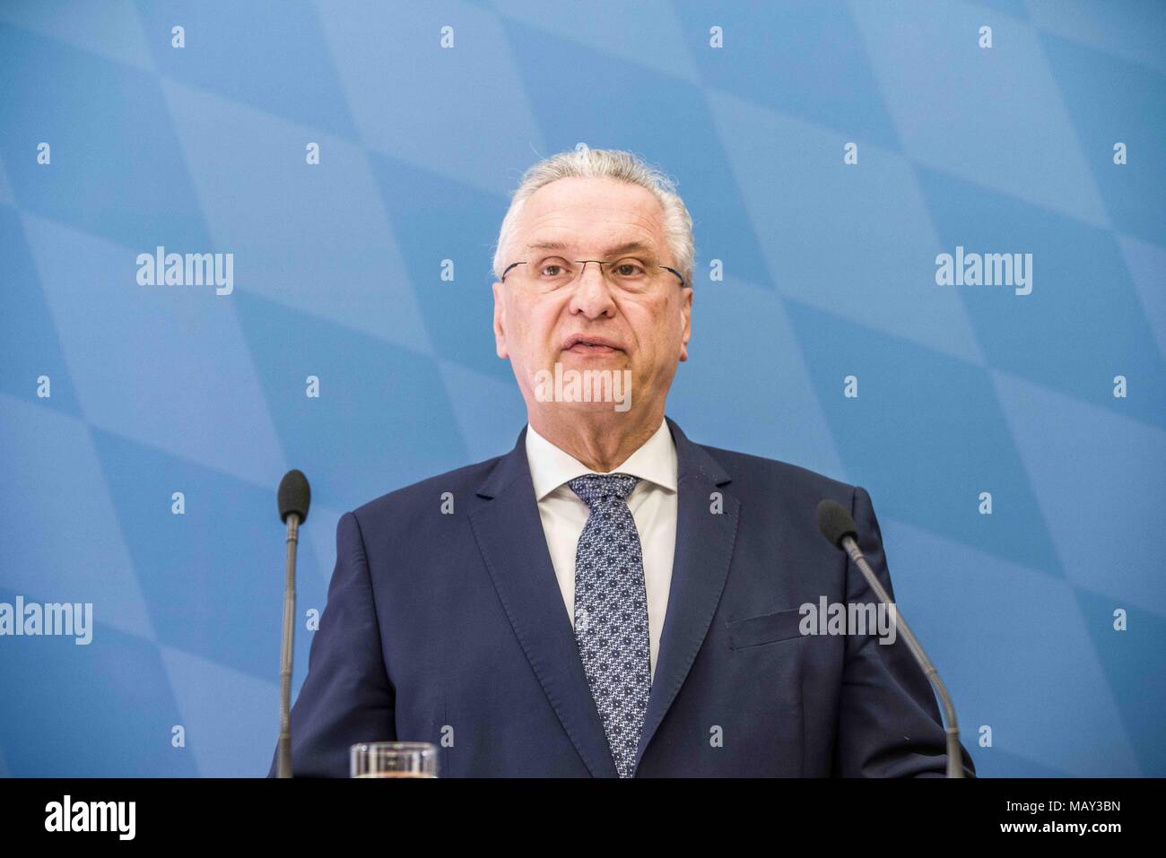 Munich, Bavaria, Germany. 5th Apr, 2018. Joachim Herrmann, Interior Minister of Bavaria. The 2017-2018 edition of the Bavarian Verfassungsschutzbericht (Office for the Protection of the Constitution, Secret Service) report was released detailing threats to the state of Bavaria, including right- and left-extremism, Islamists, as well as Cyber Warfare and Espionage. The report introduced by Bavarian Innenminister Joachim Herrmann (CSU) and Dr. Burkhard KÃ¶rner, as well as .In recent years, Bavaria has seen a sharp rise in what is known as PMK-Rechts (politically motivated crimes- right wing) Stock Photo