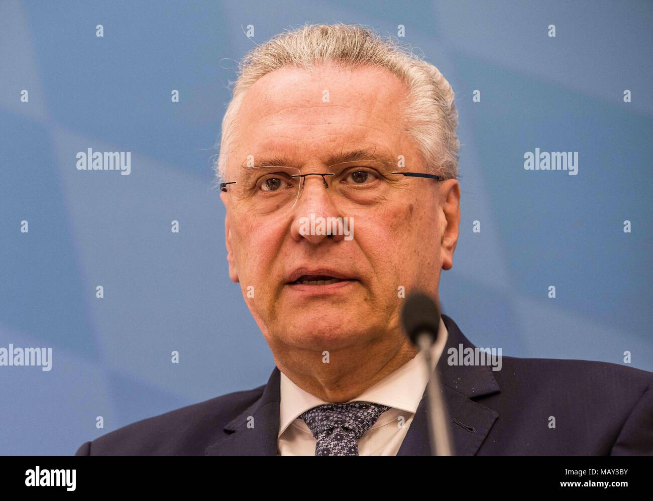 Munich, Bavaria, Germany. 5th Apr, 2018. Joachim Herrmann, Interior Minister of Bavaria. The 2017-2018 edition of the Bavarian Verfassungsschutzbericht (Office for the Protection of the Constitution, Secret Service) report was released detailing threats to the state of Bavaria, including right- and left-extremism, Islamists, as well as Cyber Warfare and Espionage. The report introduced by Bavarian Innenminister Joachim Herrmann (CSU) and Dr. Burkhard KÃ¶rner, as well as .In recent years, Bavaria has seen a sharp rise in what is known as PMK-Rechts (politically motivated crimes- right wing) Stock Photo