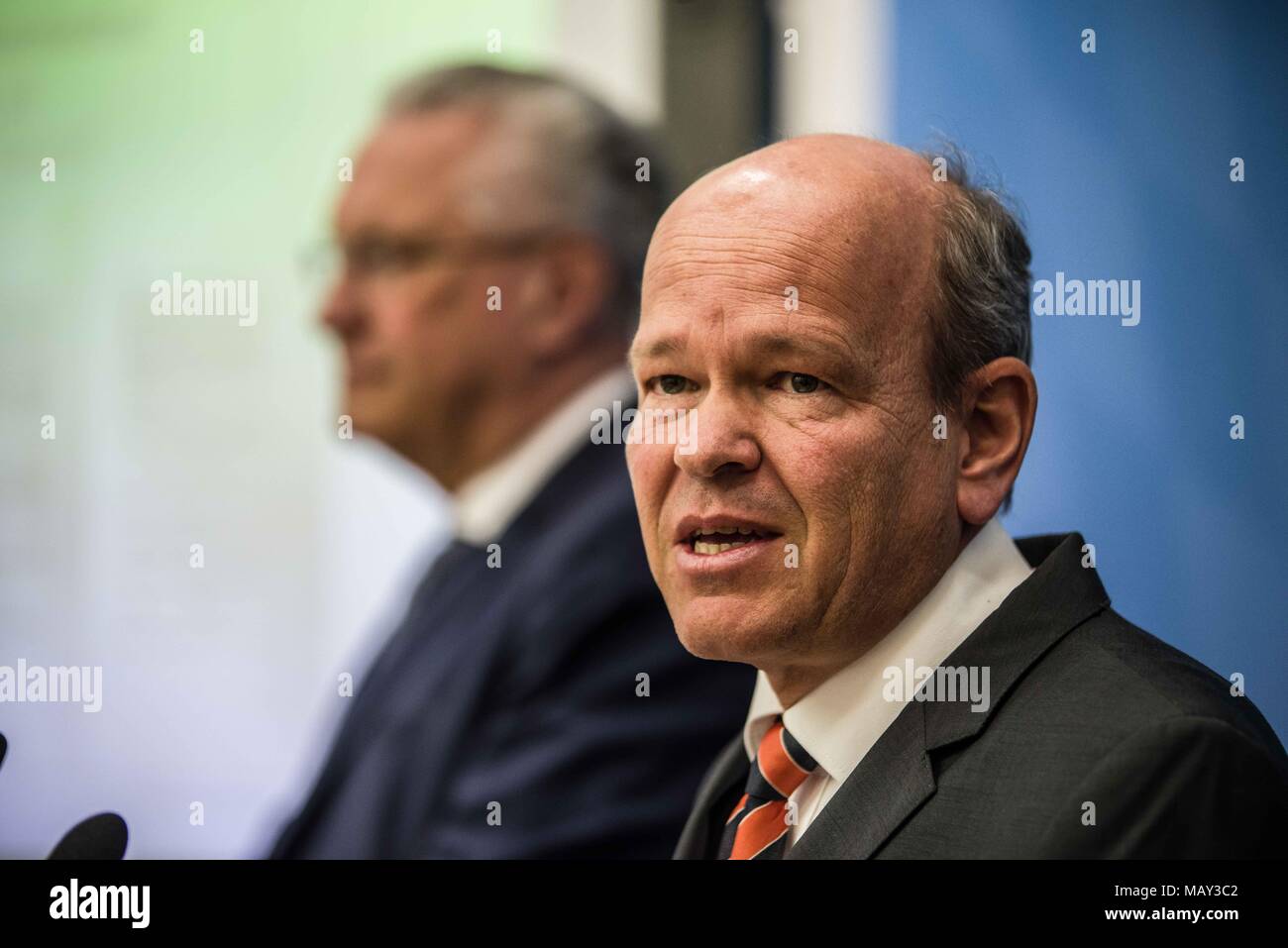 Munich, Bavaria, Germany. 5th Apr, 2018. Dr. Burkhard KÃ¶rner of the Bavarian Verfassungsschutz.The 2017-2018 edition of the Bavarian Verfassungsschutzbericht (Office for the Protection of the Constitution, Secret Service) report was released detailing threats to the state of Bavaria, including right- and left-extremism, Islamists, as well as Cyber Warfare and Espionage. The report introduced by Bavarian Innenminister Joachim Herrmann (CSU) and Dr. Burkhard KÃ¶rner, as well as .In recent years, Bavaria has seen a sharp rise in what is known as PMK-Rechts (politically motivated crimes- right Stock Photo