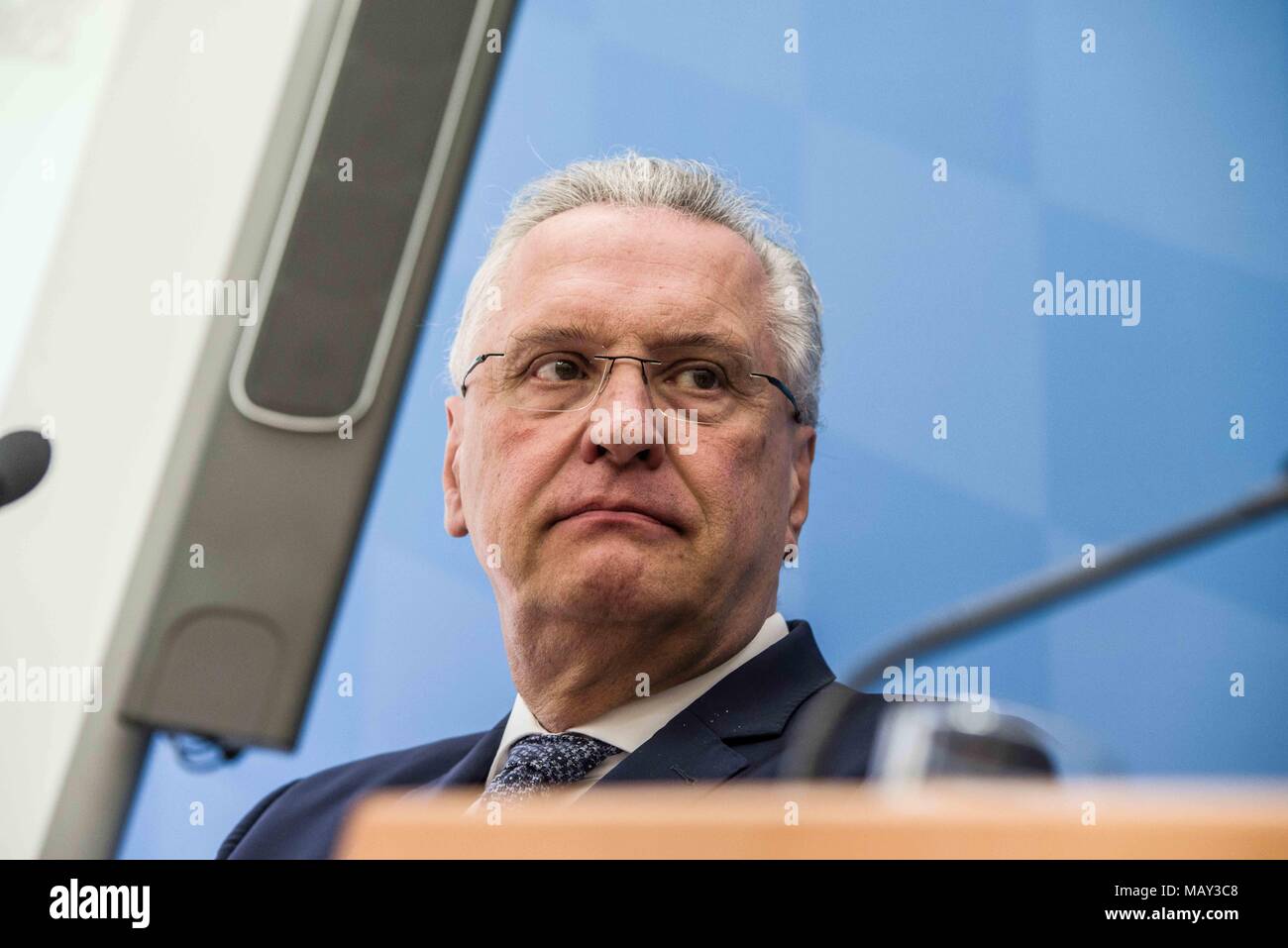 Munich, Bavaria, Germany. 5th Apr, 2018. Joachim Herrmann, Interior Minister of Bavaria. The 2017-2018 edition of the Bavarian Verfassungsschutzbericht (Office for the Protection of the Constitution, Secret Service) report was released detailing threats to the state of Bavaria, including right- and left-extremism, Islamists, as well as Cyber Warfare and Espionage. The report introduced by Bavarian Innenminister Joachim Herrmann (CSU) and Dr. Burkhard KÃ¶rner, as well as .In recent years, Bavaria has seen a sharp rise in what is known as PMK-Rechts (politically motivated crimes- right wing) Stock Photo