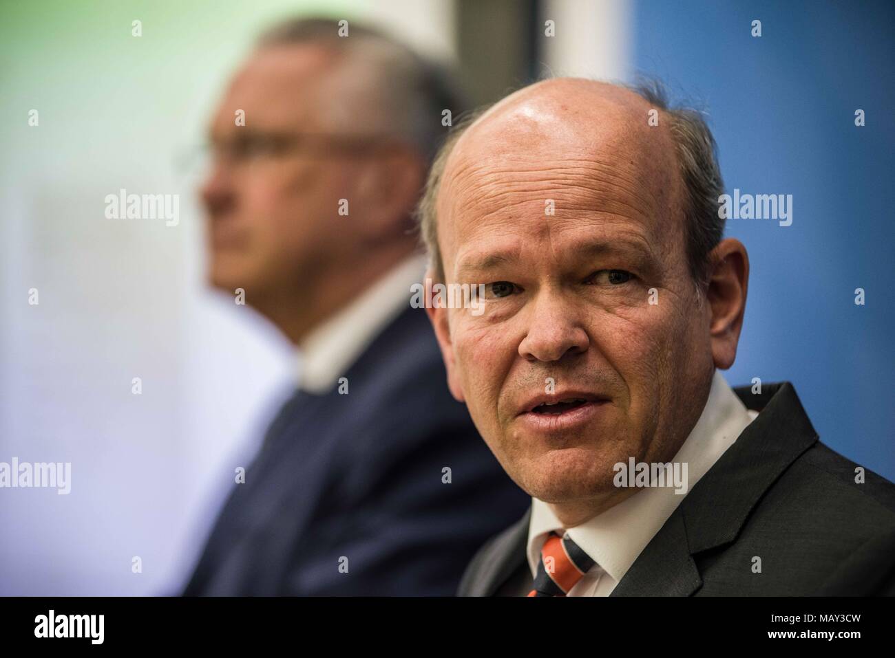 Munich, Bavaria, Germany. 5th Apr, 2018. Dr. Burkhard KÃ¶rner of the Bavarian Verfassungsschutz.The 2017-2018 edition of the Bavarian Verfassungsschutzbericht (Office for the Protection of the Constitution, Secret Service) report was released detailing threats to the state of Bavaria, including right- and left-extremism, Islamists, as well as Cyber Warfare and Espionage. The report introduced by Bavarian Innenminister Joachim Herrmann (CSU) and Dr. Burkhard KÃ¶rner, as well as .In recent years, Bavaria has seen a sharp rise in what is known as PMK-Rechts (politically motivated crimes- right Stock Photo