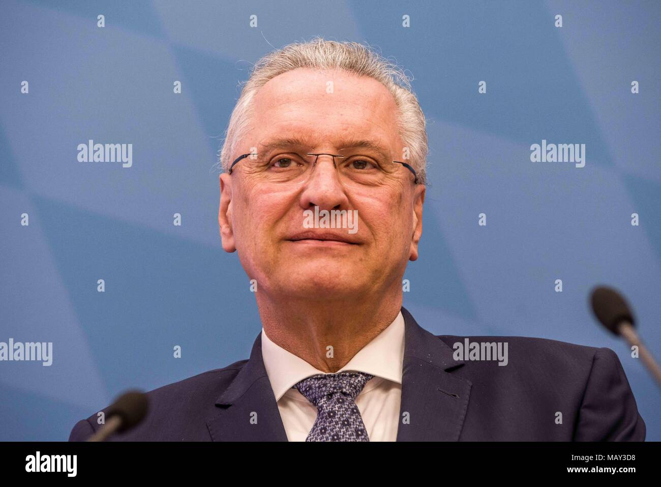 Munich, Bavaria, Germany. 5th Apr, 2018. Joachim Herrmann, Interior Minister of Bavaria. The 2017-2018 edition of the Bavarian Verfassungsschutzbericht (Office for the Protection of the Constitution, Secret Service) report was released detailing threats to the state of Bavaria, including right- and left-extremism, Islamists, as well as Cyber Warfare and Espionage. The report introduced by Bavarian Innenminister Joachim Herrmann (CSU) and Dr. Burkhard KÃ¶rner, as well as .In recent years, Bavaria has seen a sharp rise in what is known as PMK-Rechts (politically motivated crimes- right wing) Stock Photo