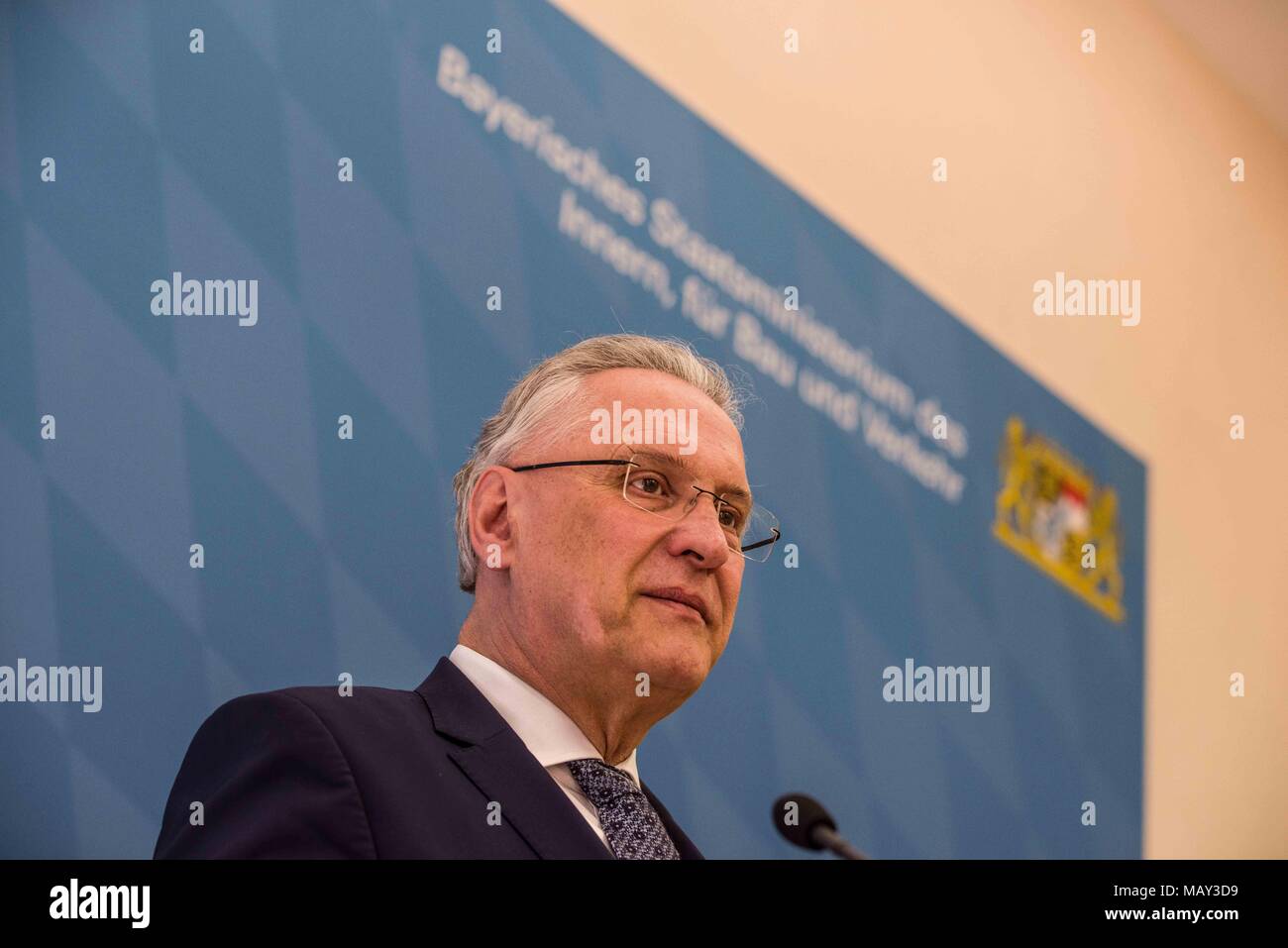 Munich, Bavaria, Germany. 5th Apr, 2018. Joachim Herrmann, Interior Minister of Bavaria. The 2017-2018 edition of the Bavarian Verfassungsschutzbericht (Office for the Protection of the Constitution, Secret Service) report was released detailing threats to the state of Bavaria, including right- and left-extremism, Islamists, as well as Cyber Warfare and Espionage. The report introduced by Bavarian Innenminister Joachim Herrmann (CSU) and Dr. Burkhard KÃ¶rner, as well as .In recent years, Bavaria has seen a sharp rise in what is known as PMK-Rechts (politically motivated crimes- right wing) Stock Photo