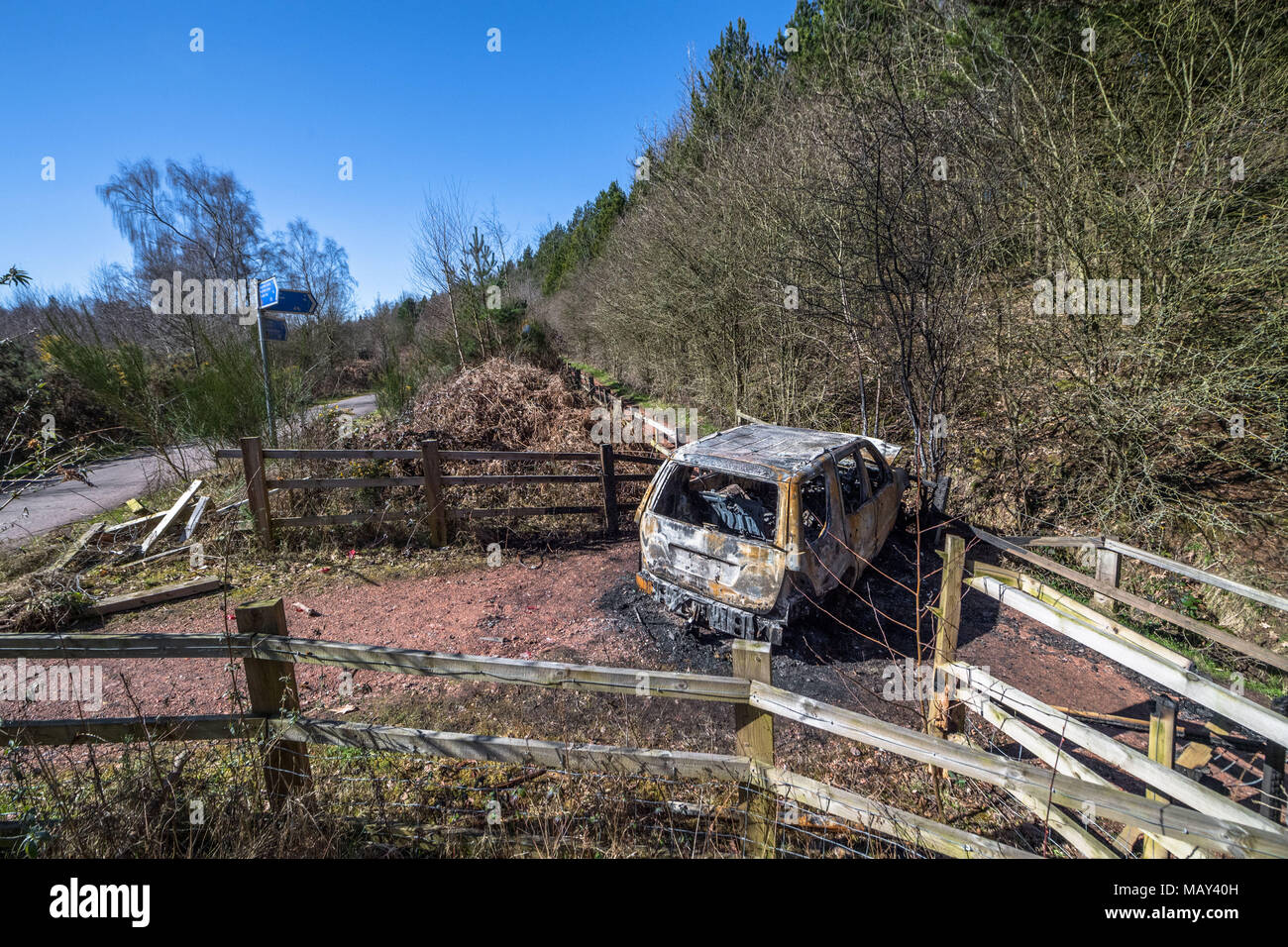 Sherwood Forest, Nottinghamshire, England, UK. 5th. April, 2018.  Burnt out vehicle blocking a woodland path on a warm and sunny Spring day.Alan Beastall/ Alamy Live News. Stock Photo