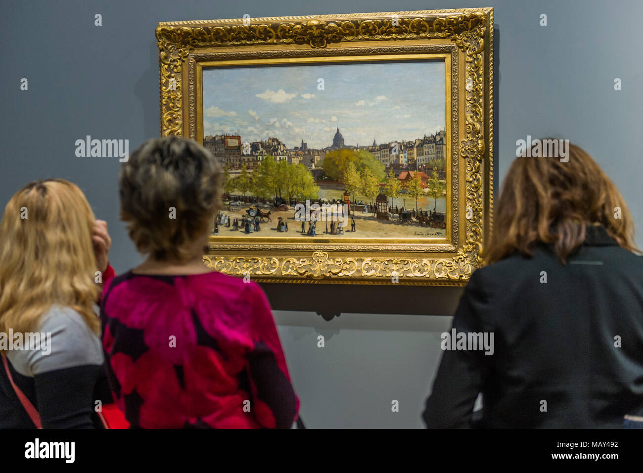 National Gallery, London, UK. 5th April, 2018. The Quai du Louvre, 1867 - The Credit Suisse Exhibition: Monet & Architecture a new exhibition in the Sainsbury Wing at The National Gallery. Credit: Guy Bell/Alamy Live News Stock Photo