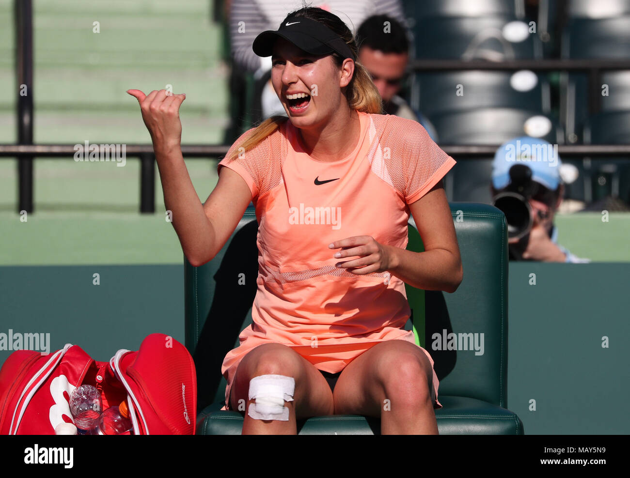 Key Biscayne, Florida, USA. 22nd Mar, 2018. Oceane Dodin from France makes  a request during a change of sides in an early round match against Simona  Halep from Romania at the 2018