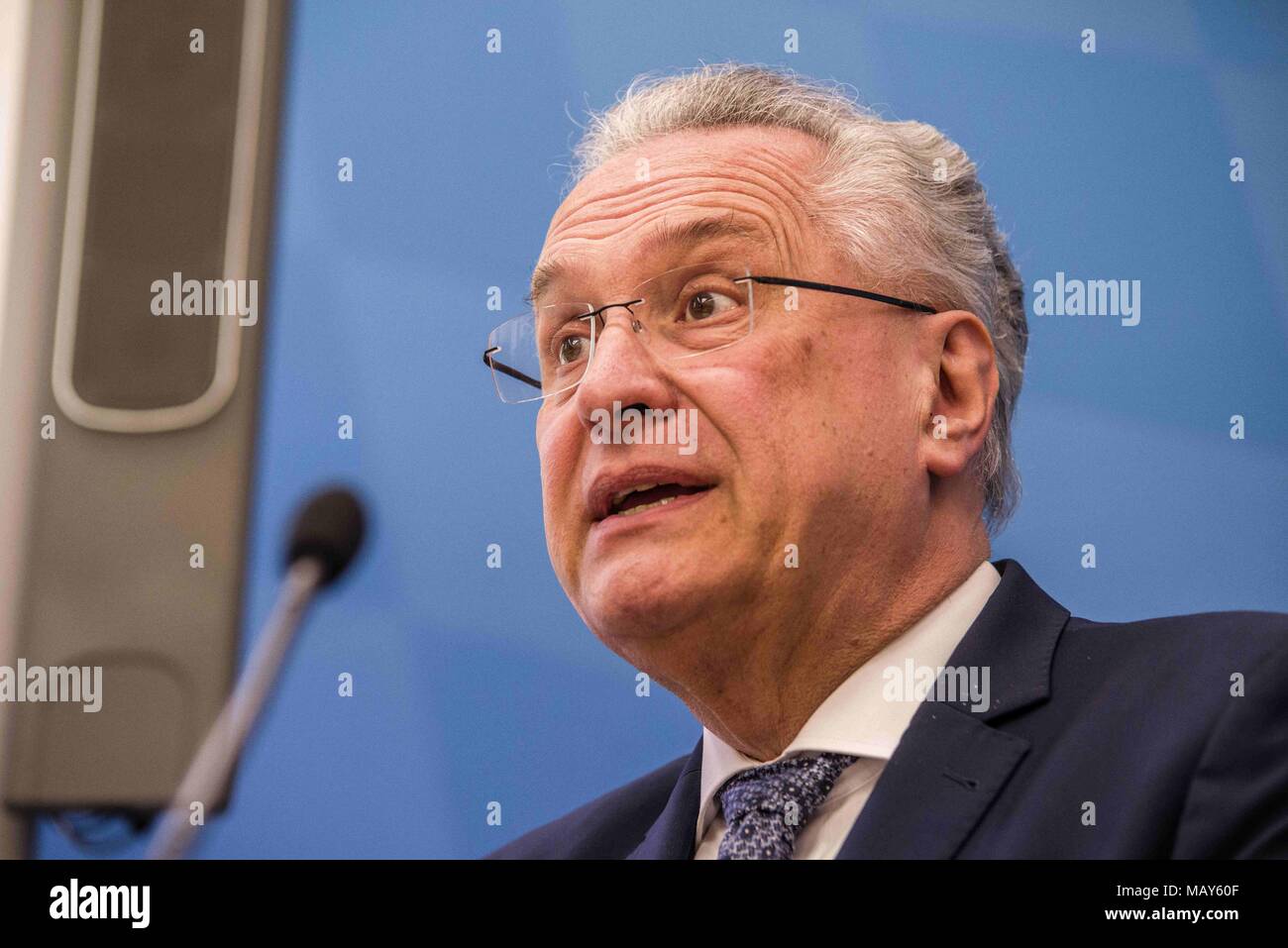 Munich, Bavaria, Germany. 5th Apr, 2018. Joachim Herrmann, Interior Minister of Bavaria. The 2017-2018 edition of the Bavarian Verfassungsschutzbericht (Office for the Protection of the Constitution, Secret Service) report was released detailing threats to the state of Bavaria, including right- and left-extremism, Islamists, as well as Cyber Warfare and Espionage. The report introduced by Bavarian Innenminister Joachim Herrmann (CSU) and Dr. Burkhard KÃƒÂ¶rner, as well as .In recent years, Bavaria has seen a sharp rise in what is known as PMK-Rechts (politically motivated crimes- right wing Stock Photo