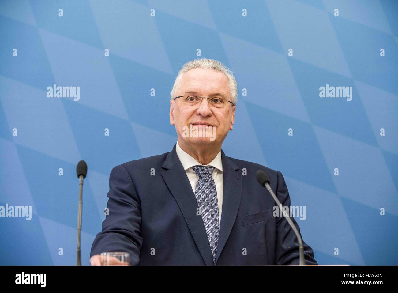 Munich, Bavaria, Germany. 5th Apr, 2018. Joachim Herrmann, Interior Minister of Bavaria. The 2017-2018 edition of the Bavarian Verfassungsschutzbericht (Office for the Protection of the Constitution, Secret Service) report was released detailing threats to the state of Bavaria, including right- and left-extremism, Islamists, as well as Cyber Warfare and Espionage. The report introduced by Bavarian Innenminister Joachim Herrmann (CSU) and Dr. Burkhard KÃƒÂ¶rner, as well as .In recent years, Bavaria has seen a sharp rise in what is known as PMK-Rechts (politically motivated crimes- right wing Stock Photo