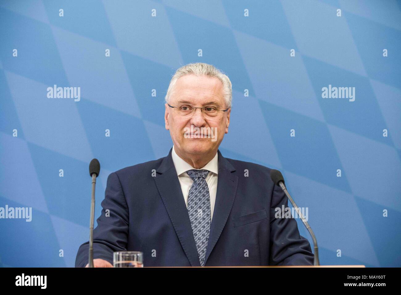 Munich, Bavaria, Germany. 5th Apr, 2018. Joachim Herrmann, Interior Minister of Bavaria. The 2017-2018 edition of the Bavarian Verfassungsschutzbericht (Office for the Protection of the Constitution, Secret Service) report was released detailing threats to the state of Bavaria, including right- and left-extremism, Islamists, as well as Cyber Warfare and Espionage. The report introduced by Bavarian Innenminister Joachim Herrmann (CSU) and Dr. Burkhard KÃƒÂ¶rner, as well as .In recent years, Bavaria has seen a sharp rise in what is known as PMK-Rechts (politically motivated crimes- right wing Stock Photo