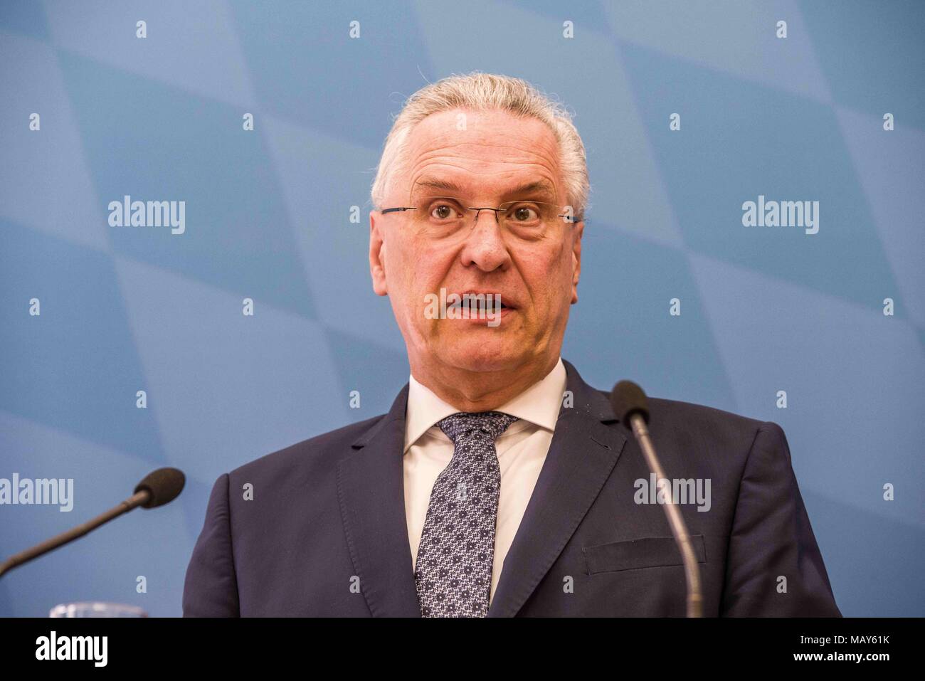 Munich, Bavaria, Germany. 5th Apr, 2018. Joachim Herrmann, Interior Minister of Bavaria. The 2017-2018 edition of the Bavarian Verfassungsschutzbericht (Office for the Protection of the Constitution, Secret Service) report was released detailing threats to the state of Bavaria, including right- and left-extremism, Islamists, as well as Cyber Warfare and Espionage. The report introduced by Bavarian Innenminister Joachim Herrmann (CSU) and Dr. Burkhard KÃƒÂ¶rner, as well as .In recent years, Bavaria has seen a sharp rise in what is known as PMK-Rechts (politically motivated crimes- right wing Stock Photo