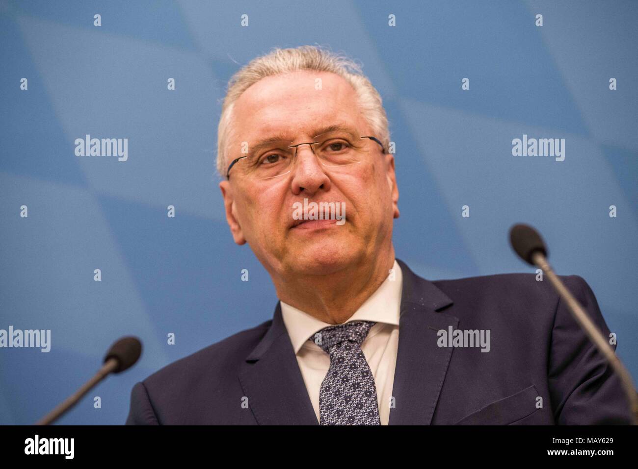 Munich, Bavaria, Germany. 5th Apr, 2018. Joachim Herrmann, Interior Minister of Bavaria. The 2017-2018 edition of the Bavarian Verfassungsschutzbericht (Office for the Protection of the Constitution, Secret Service) report was released detailing threats to the state of Bavaria, including right- and left-extremism, Islamists, as well as Cyber Warfare and Espionage. The report introduced by Bavarian Innenminister Joachim Herrmann (CSU) and Dr. Burkhard KÃƒÂ¶rner, as well as .In recent years, Bavaria has seen a sharp rise in what is known as PMK-Rechts (politically motivated crimes- right wing Stock Photo