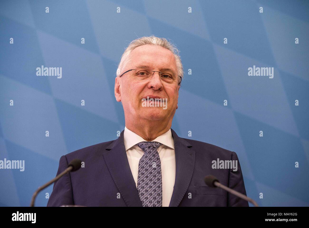 Munich, Bavaria, Germany. 5th Apr, 2018. Joachim Herrmann, Interior Minister of Bavaria. The 2017-2018 edition of the Bavarian Verfassungsschutzbericht (Office for the Protection of the Constitution, Secret Service) report was released detailing threats to the state of Bavaria, including right- and left-extremism, Islamists, as well as Cyber Warfare and Espionage. The report introduced by Bavarian Innenminister Joachim Herrmann (CSU) and Dr. Burkhard KÃƒÂ¶rner, as well as .In recent years, Bavaria has seen a sharp rise in what is known as PMK-Rechts (politically motivated crimes- right wing Stock Photo