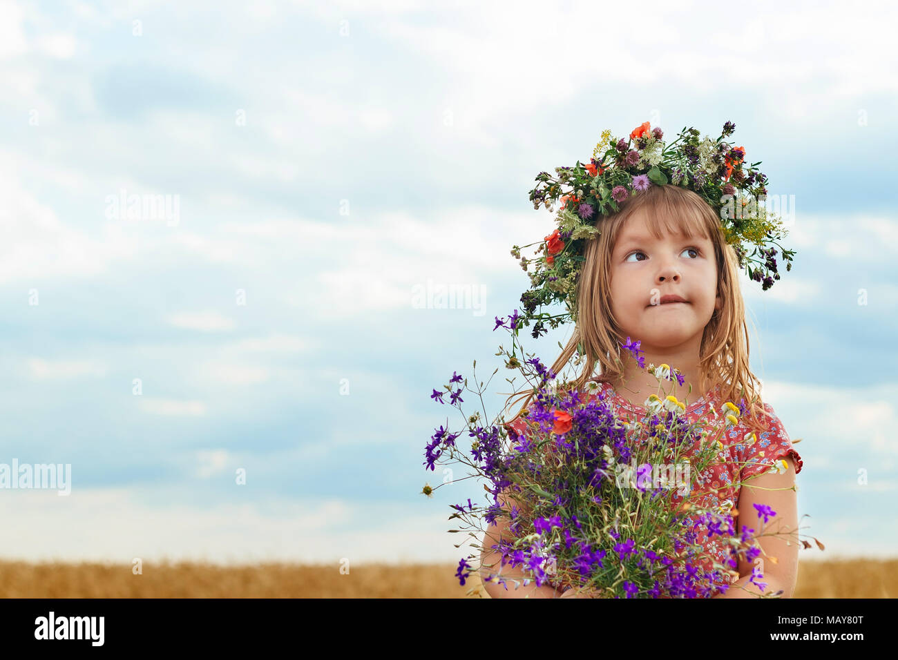 Cute little girl in summer wheat field Girl in a wheat field Stock ...