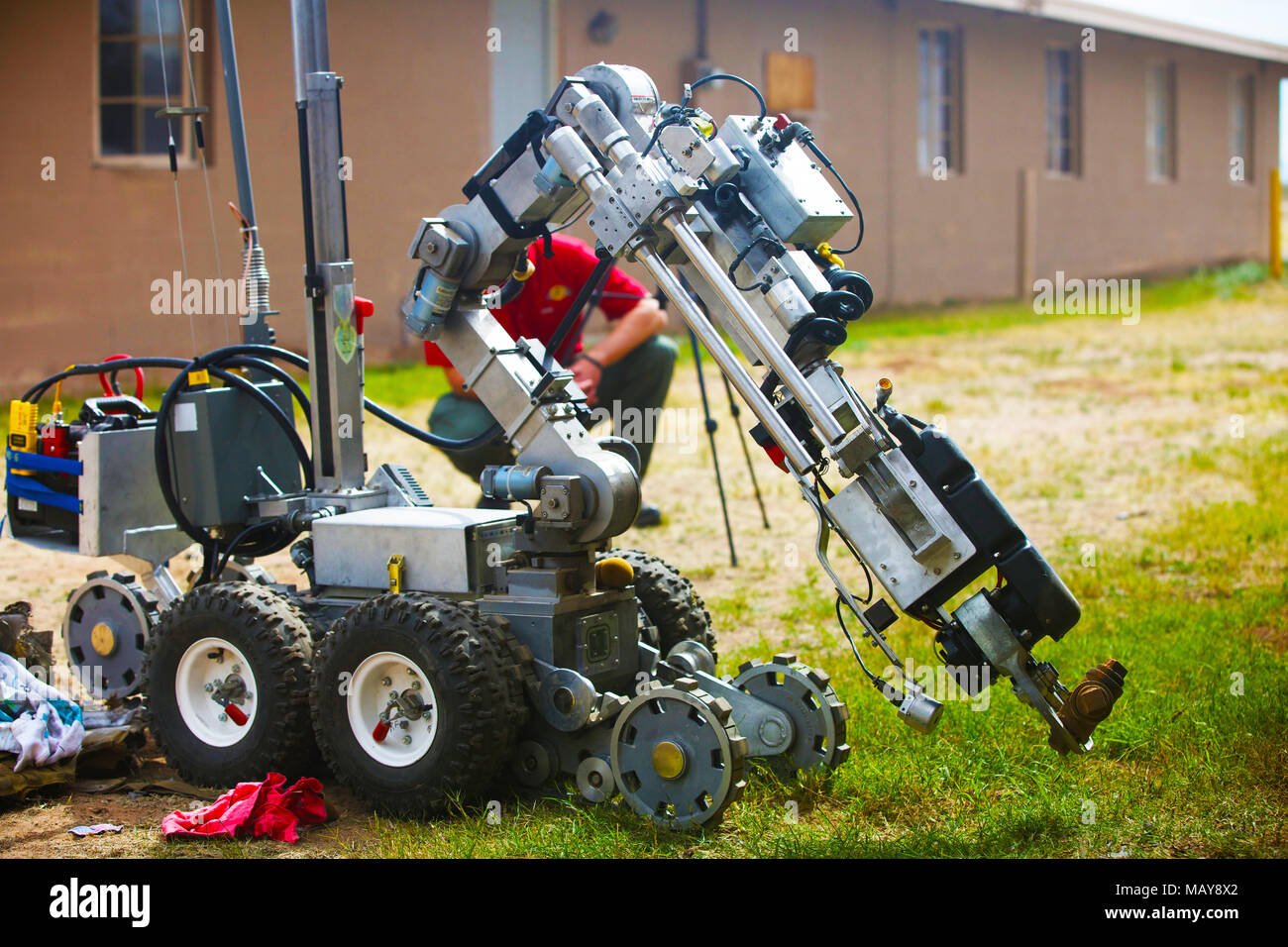 A contestant's robot, participating in the Ravens Challenge, finds a explosive Pinal Airpark, Arizona, on Mar. 20, 2018. The particpants were tested on their skills for disposing explosive ordinance. (U.S. Army photo by PFC. Vincent Fausnaught.) Stock Photo