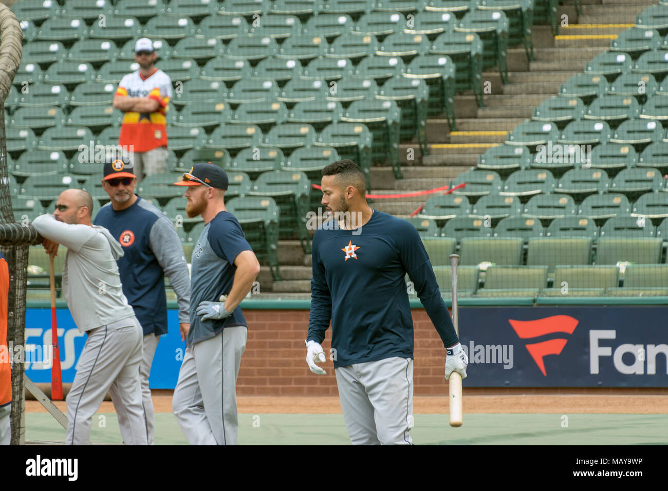 Houston Astros short stop Carlos Correa during batting practice before game four of the season opener against the Texas Rangers. Astros won the series Stock Photo