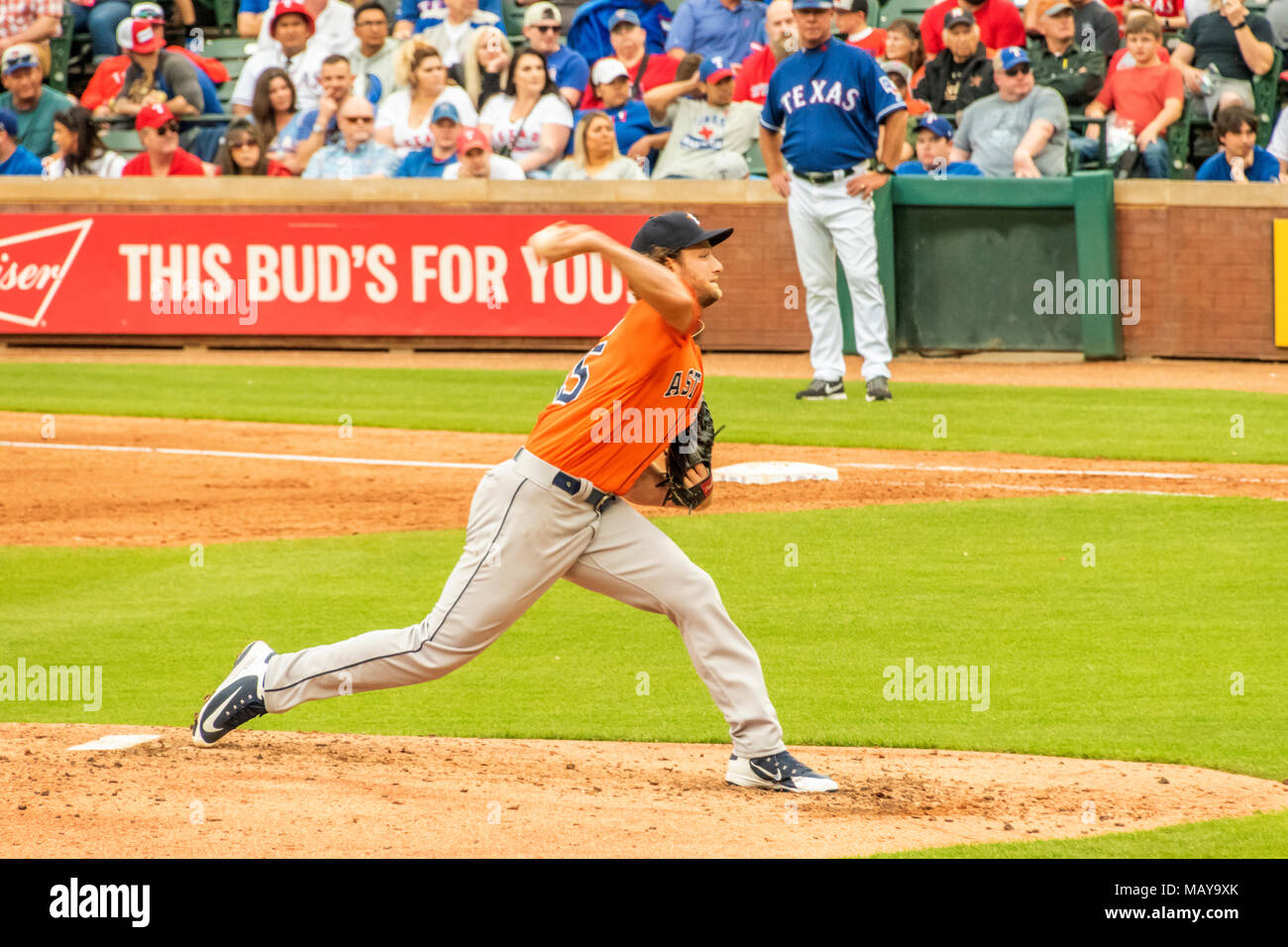 Houston Astros starting pitcher Gerrit Cole pitching against the Texas