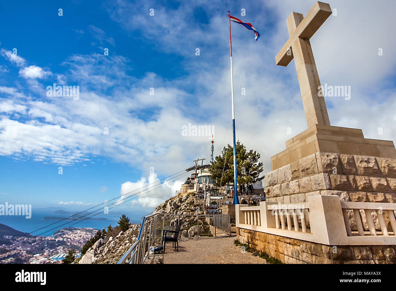 Cross on the fortress Imperjal on the mountain Sdr in Dubrovnik Croatia Stock Photo