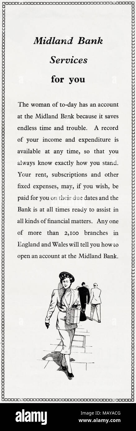 1950s original old vintage advertisement advertising Midland Bank in English magazine circa 1951 Stock Photo