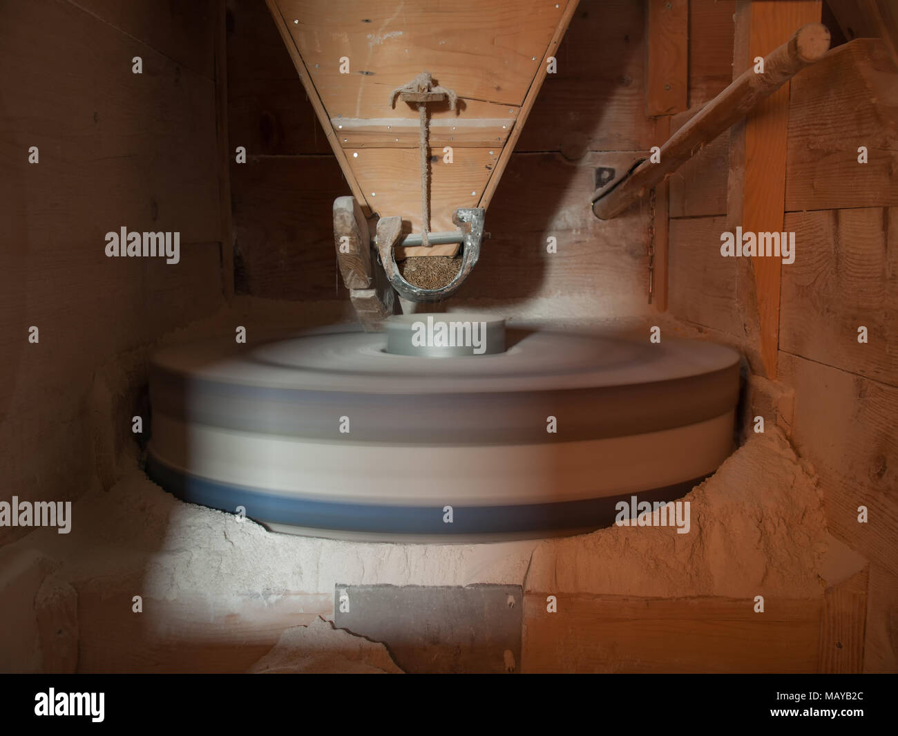 Old water mill produce flour. Ecologic production food. Flour, bread. Stock Photo