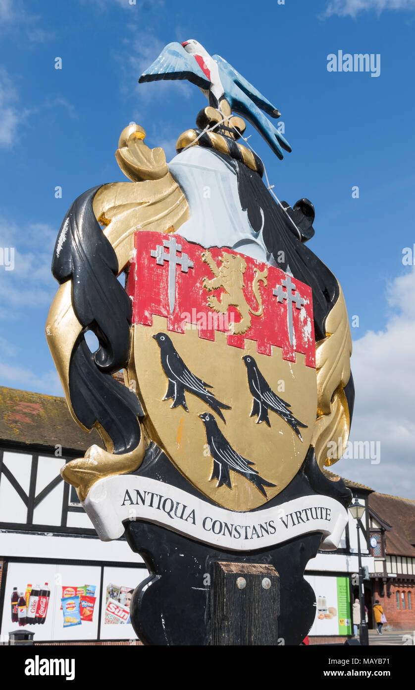 Arundel Coat of Arms 'Antiqua Constans Virtute' (Steadfast in Ancient Virtue) erected in 1953 in Arundel, West Sussex, England, UK. Stock Photo