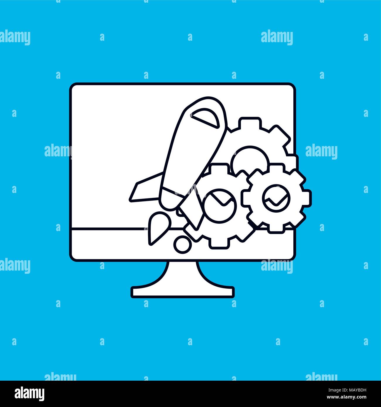 seo design with computer with rocket and gear wheels over blue ...