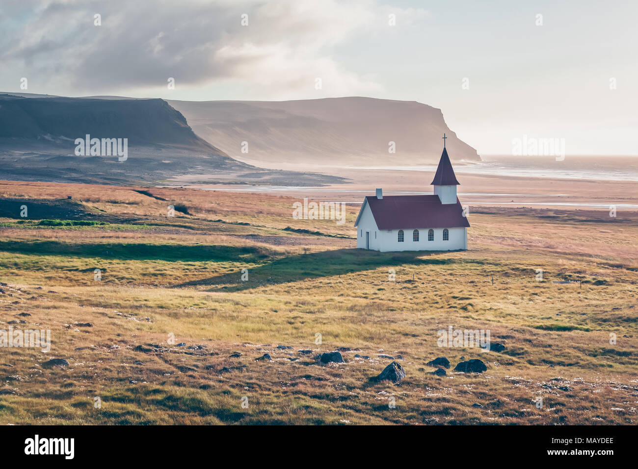 Typical Rural Icelandic Church at Sea Coastline. Horizontal shot Stock ...