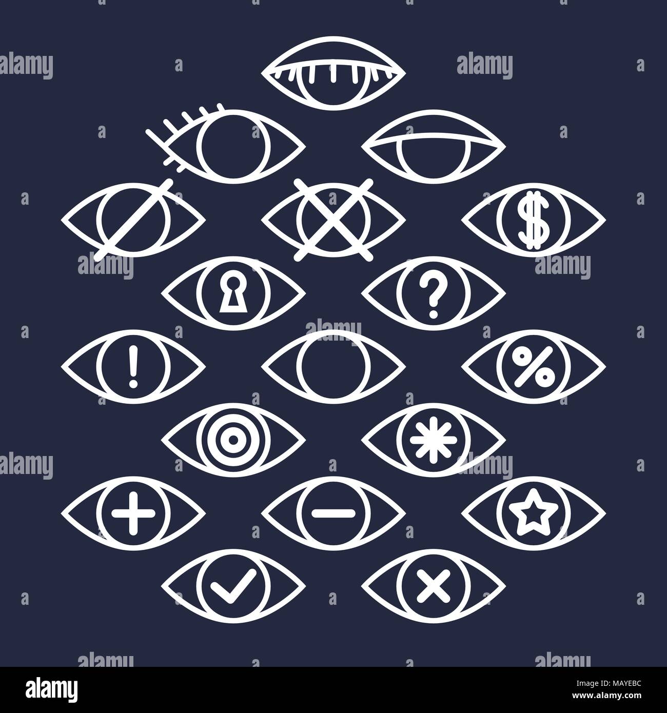 White outline eye icons for different actions on dark background, outline eye pictograms set, vector operations images Stock Vector