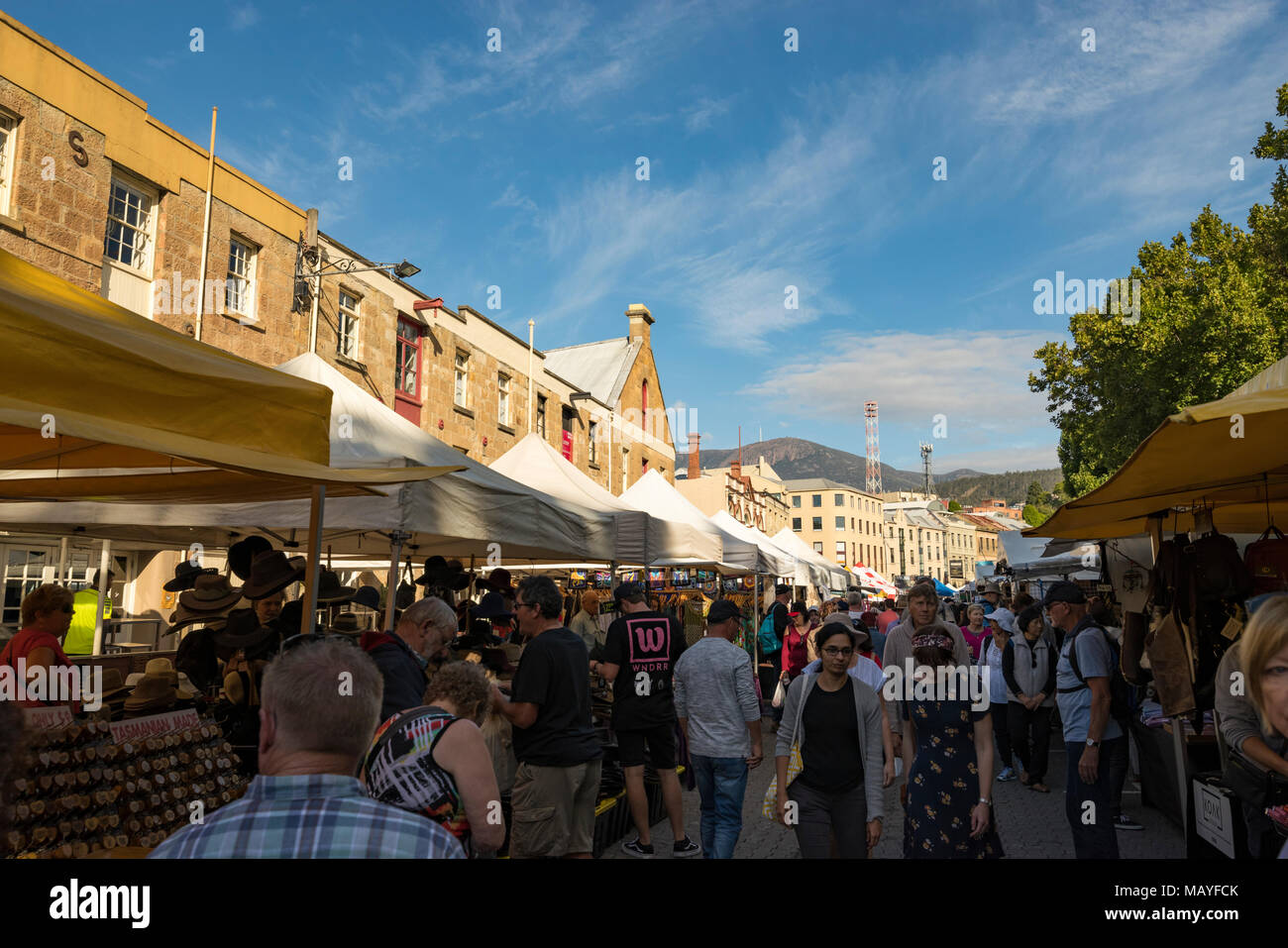 Salamanca Market with stalls in front of the old waterfront sandstone buildings in Hobart, Tasmania Stock Photo