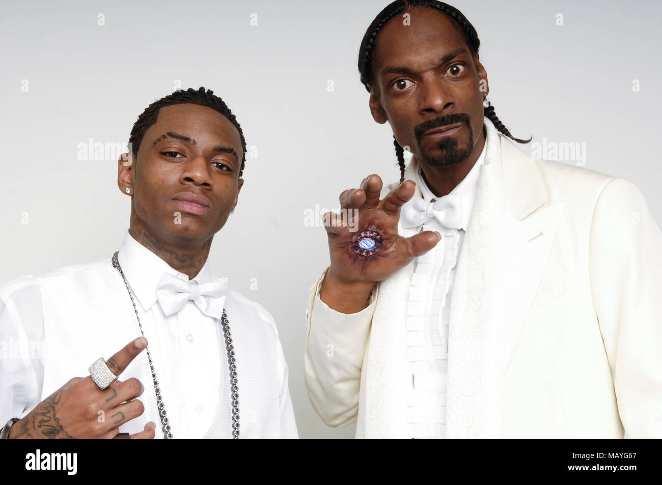 Rappers Snoop Dogg and Soulja Boy on set at the Snoop Dogg