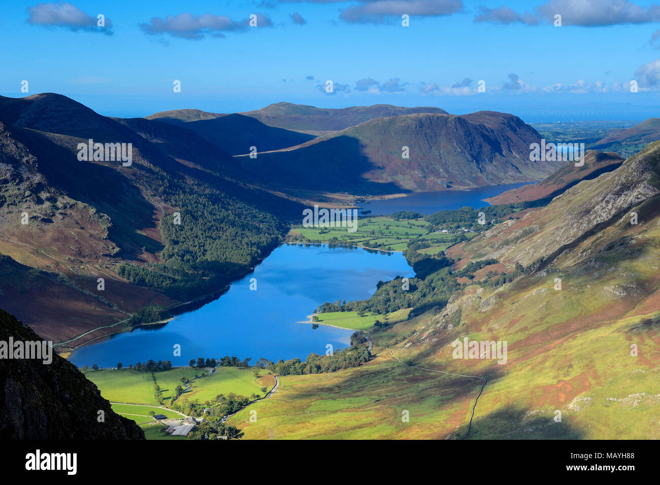 View over Buttermere and Crummock Water from Fleetwith Pike in the Lake District National Park in Cumbria, England Stock Photo