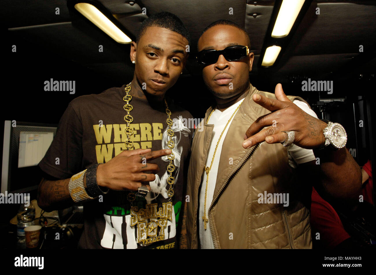 Rapper Deandre Way aka Soulja Boy Tell 'Em and Pleasure P (r) backstage ...