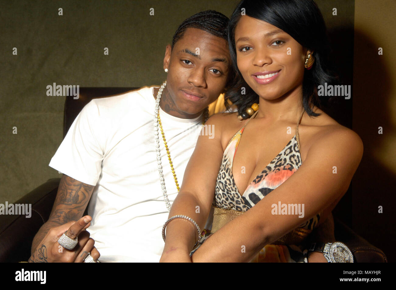 (L-R) EXCLUSIVE Rapper Soulja Boy Tell 'Em and Teairra Mari portrait at the Record Plant in Los Angeles. Stock Photo