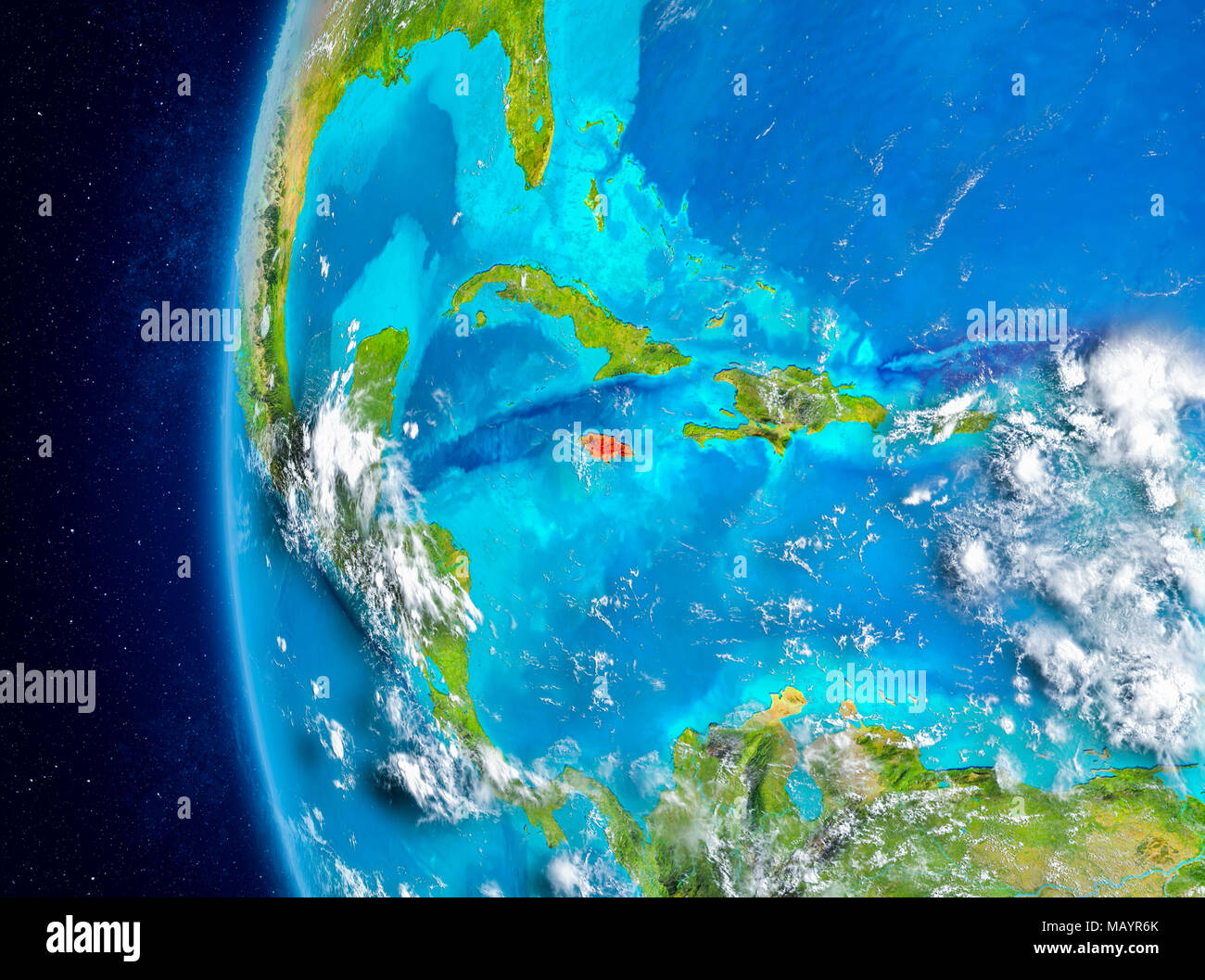 Map of Jamaica as seen from space on Earth with clouds and