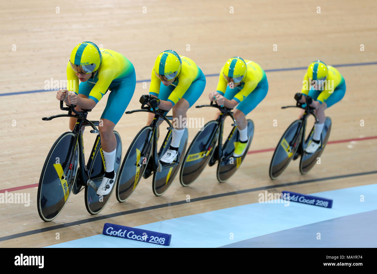 Australia's Alexandra Manly, Annette Edmondson, Ashlee Ankudinoff and Amy Cure compete in the Women's 4000m Team Pursuit Qualifying at the Anna Meares Velodrome during day one of the 2018 Commonwealth Games in the Gold Coast, Australia. Stock Photo