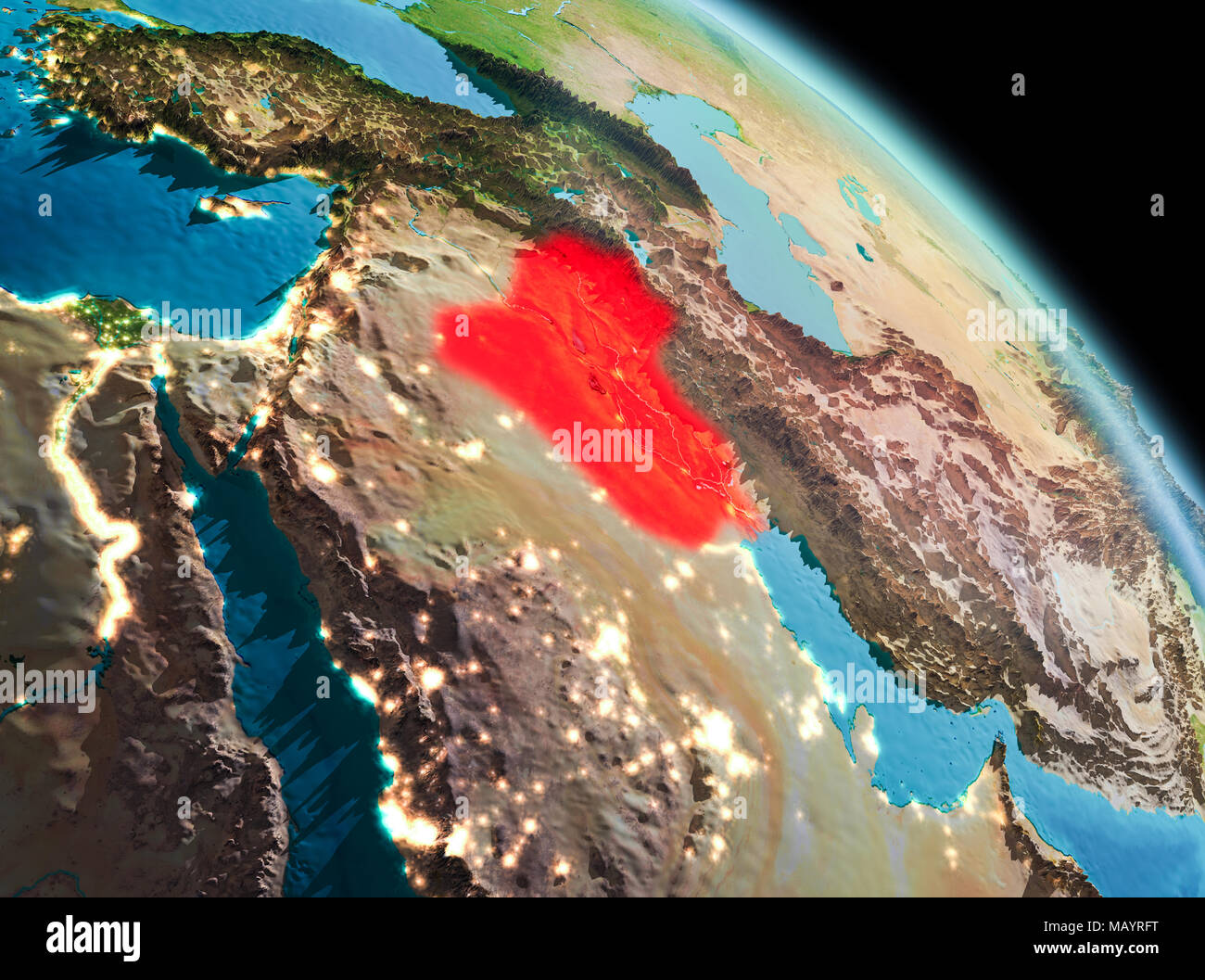 Satellite morning view of Iraq highlighted in red on planet Earth. 3D illustration. Elements of this image furnished by NASA. Stock Photo