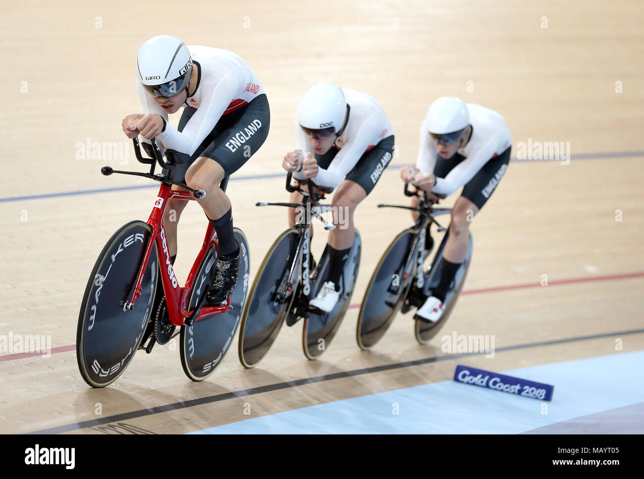 England's Charlie Tanfield (left), Ethan Hayter (centre) and Daniel Bigham in action in the Men's 4000m Team Pursuit Qualifying at the Anna Meares Velodrome during day one of the 2018 Commonwealth Games in the Gold Coast, Australia. Stock Photo